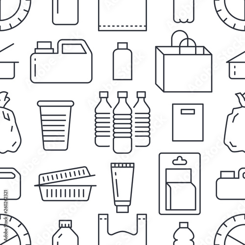 Stop using plastic seamless pattern with flat line icons. Polyethylene pollution awareness vector illustration for poster background. Thin signs of plastics waste, bag, package, canister, bottle