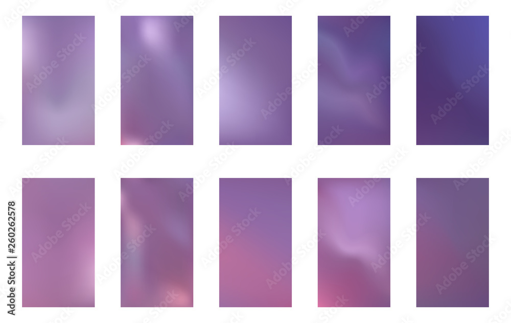 Set of blurred nature dark purple violet pink and blue backgrounds. Smooth banner template. Easy editable soft colored vector illustration. Ecology concept for your graphic design.