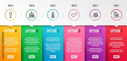 Tick, Wineglass and Manager icons simple set. Present delivery, Salary employees and Coupons signs. Confirm check, Burgundy glass. Business set. Infographic template. 6 steps timeline. Vector