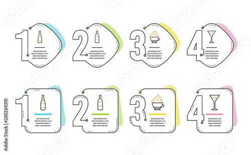 Wine bottle, Beer bottle and Cappuccino cream icons simple set. Martini glass sign. Cabernet sauvignon, Brewery, Coffee with whipped cream. Wine. Food and drink set. Infographic timeline. Vector
