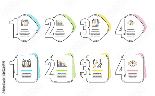Investment graph, Partnership and Algorithm icons simple set. Quiz test sign. Investment infochart, Business startup, Project. Select answer. Education set. Infographic timeline. Vector