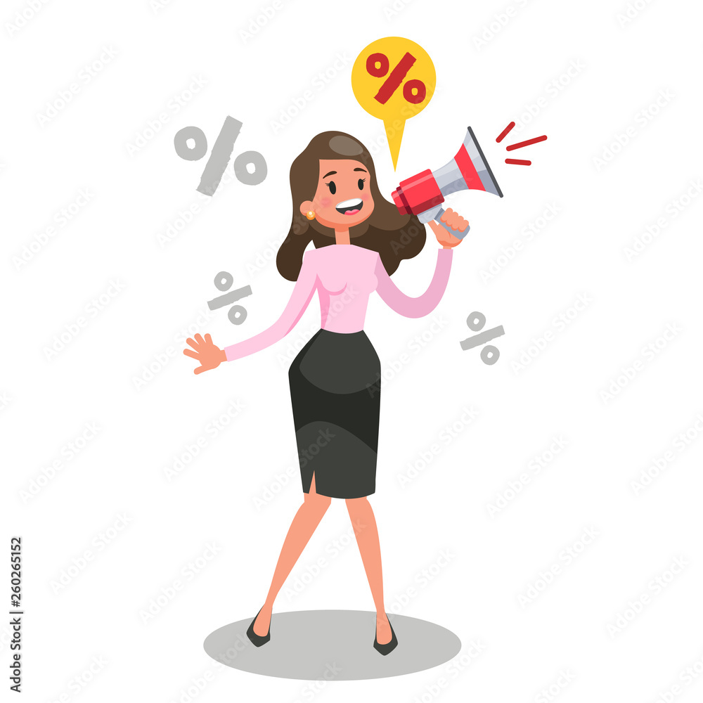 Woman shouting through the loudspeaker. Business promotion Woman shouting through the loudspeaker. Business promotion