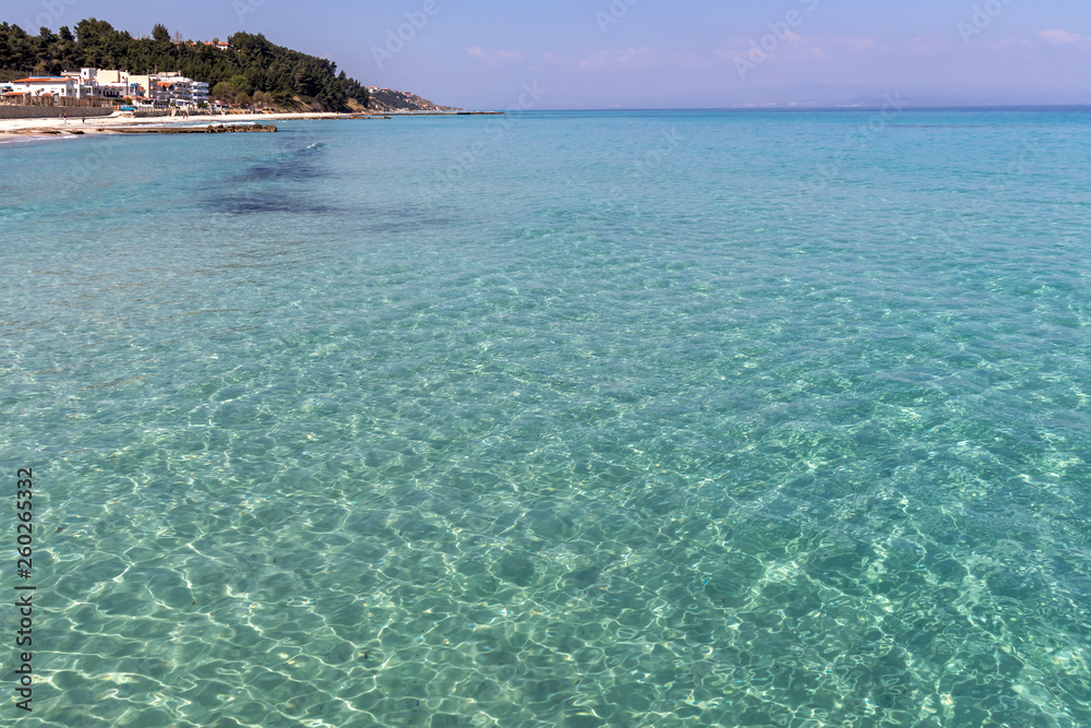 Panoramic view of beach of resort of Kallithea, Kassandra, Chalkidiki, Central Macedonia, Greece