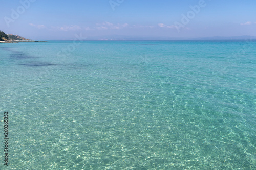 Panoramic view of beach of resort of Kallithea, Kassandra, Chalkidiki, Central Macedonia, Greece