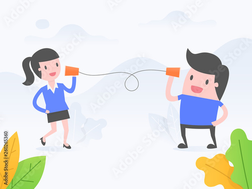 Vector illustration concept of communication. business people talking with paper cup phone.