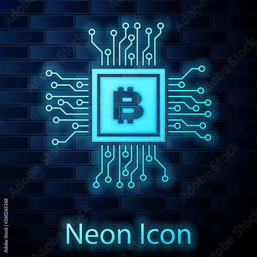 Glowing neon CPU mining farm icon isolated on brick wall background. Bitcoin sign inside processor. Cryptocurrency mining community. Digital money. Vector Illustration