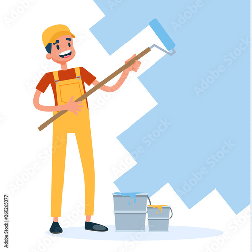 Man in the uniform paint the wall with paint roller