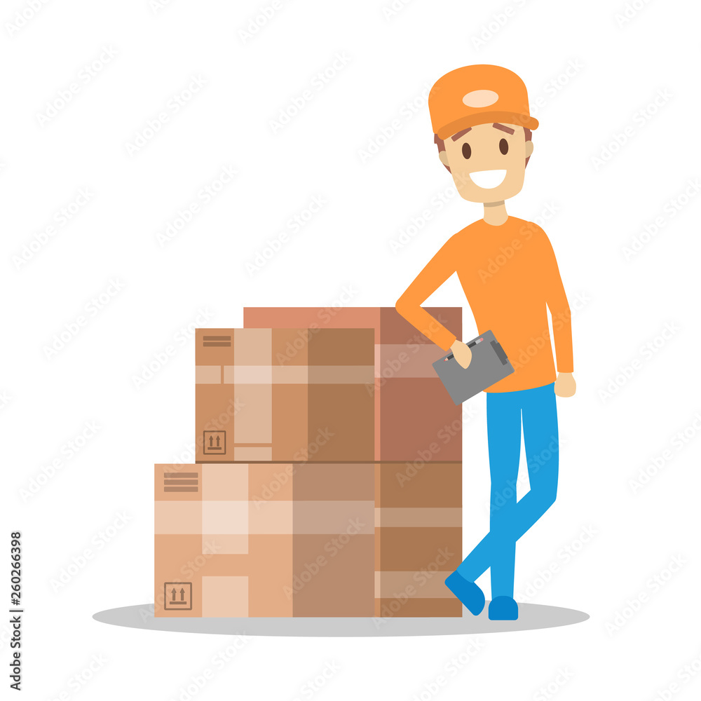 Delivery man. Courier in uniform standing at a pile Delivery man. Courier in uniform standing at a pile
