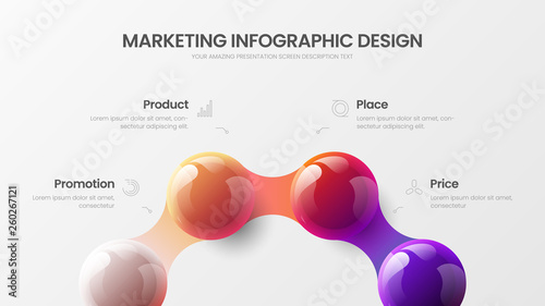 Business 4 option infographic presentation vector 3D colorful balls illustration. Corporate marketing analytics data report design layout. Company statistics information graphic visualization template