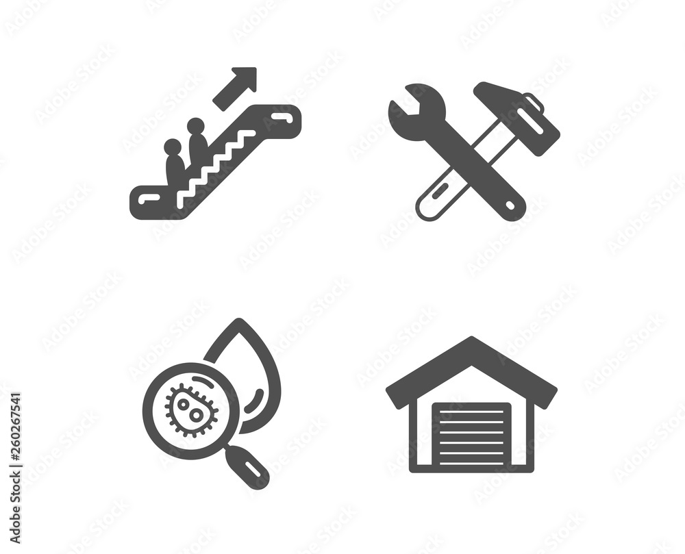 Set of Water analysis, Escalator and Spanner tool icons. Parking garage sign. Aqua bacteria, Elevator, Repair. Car place.  Classic design water analysis icon. Flat design. Vector