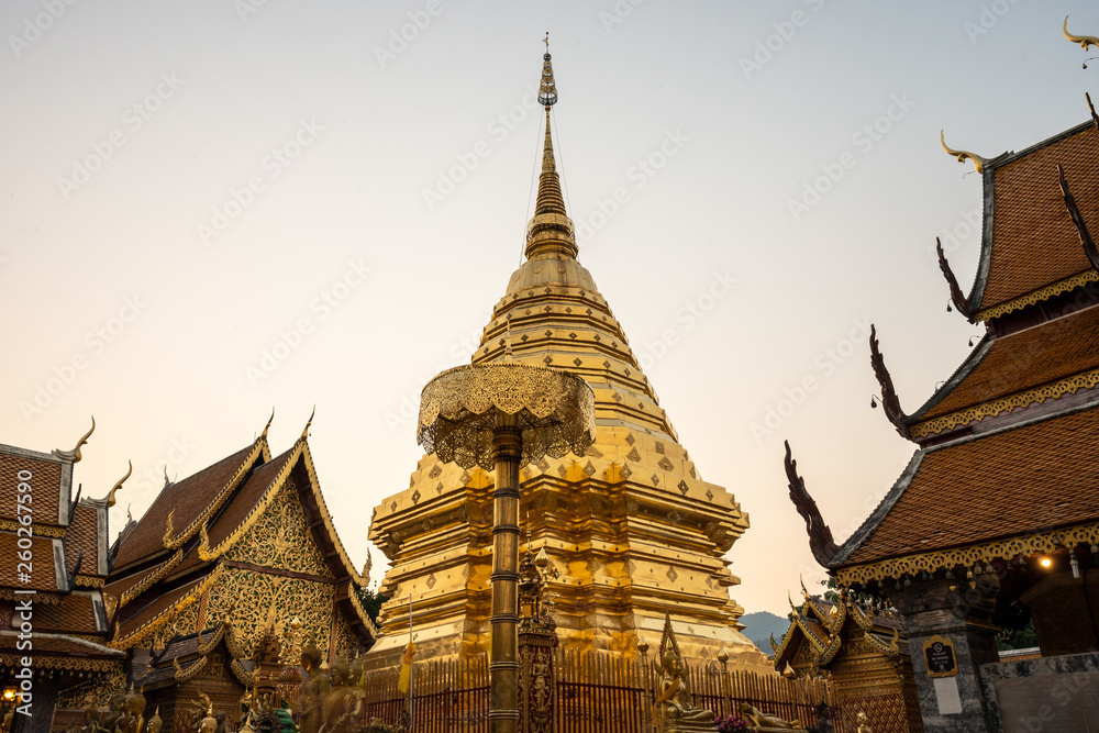 Wat Phra That Doi Suthep temple at Chiang Mai in Thailand during sunset