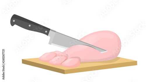 Knife chop chicken meat in little pieces. Cooking