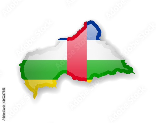 Central African Republic flag and outline of the country on a white background.
