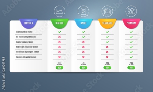 Diagram, Receive mail and Checked file icons simple set. Comparison table. Check investment sign. Growth graph, Incoming message, Correct document. Business report. Education set. Pricing plan. Vector