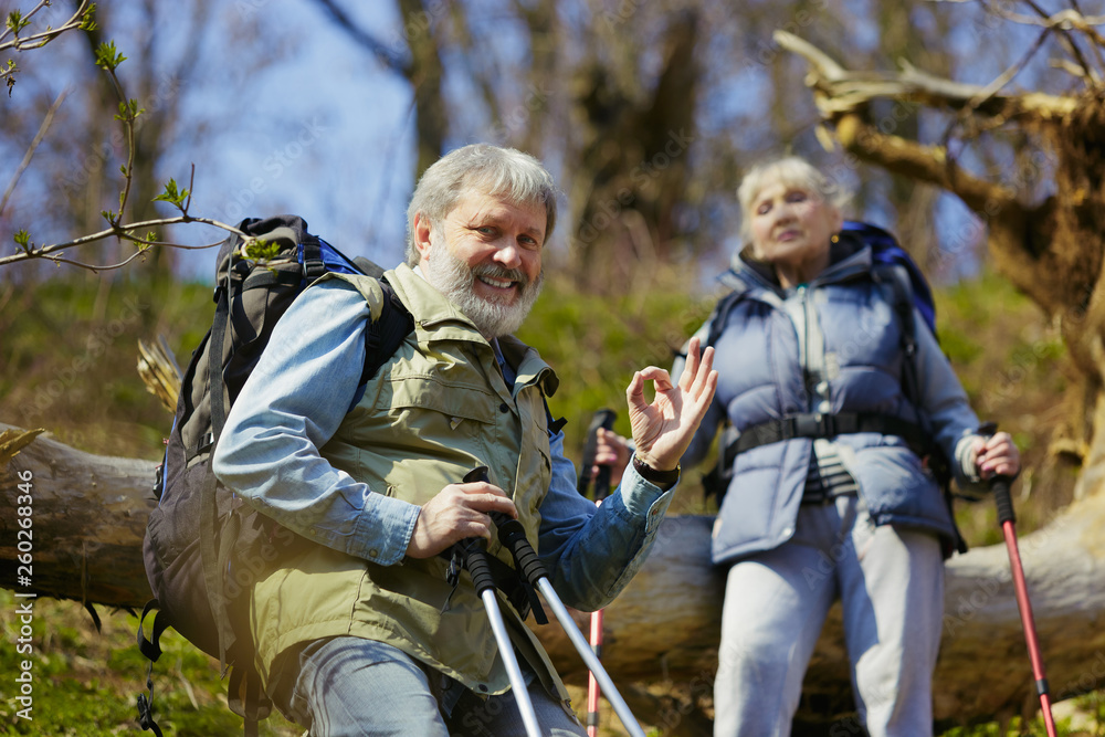 Fototapeta premium Feel right and pleasure. Aged family couple of man and woman in tourist outfit walking at green lawn near by trees in sunny day. Concept of tourism, healthy lifestyle, relaxation and togetherness.
