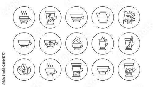 Coffee types and Tea icons. Mocha, Cappuccino and Latte. Americano cup linear icon set. Line buttons with icon. Editable stroke. Vector