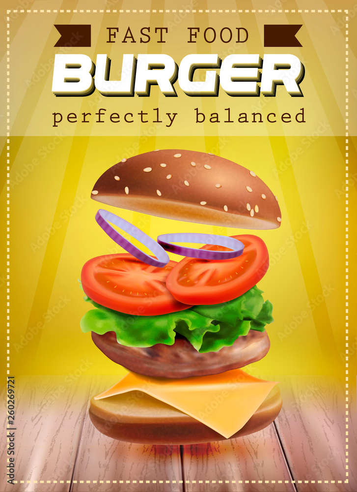 Plakat Świeży latający hamburger z składnikami. Projekt plakatu. Wektorowa 3d ilustracja na pomarańczowym tle.