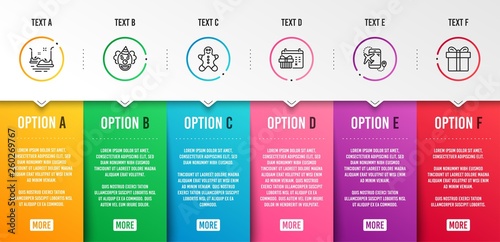Bumper cars, Clown and Gingerbread man icons simple set. Christmas calendar, Flight destination and Gift box signs. Carousels, Funny performance. Holidays set. Infographic template. 6 steps timeline