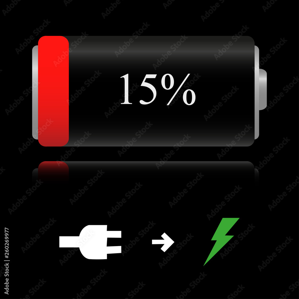 A realistic sign of a discharged phone battery, 15% A realistic sign of a discharged phone battery, 15%