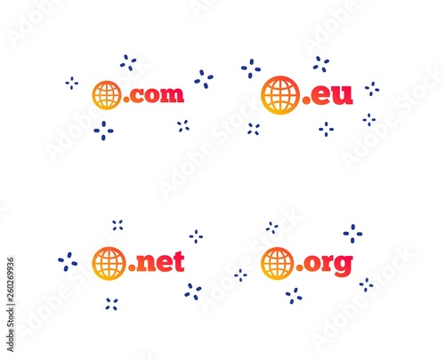 Top-level internet domain icons. Com, Eu, Net and Org symbols with globe. Unique DNS names. Random dynamic shapes. Gradient domain icon. Vector