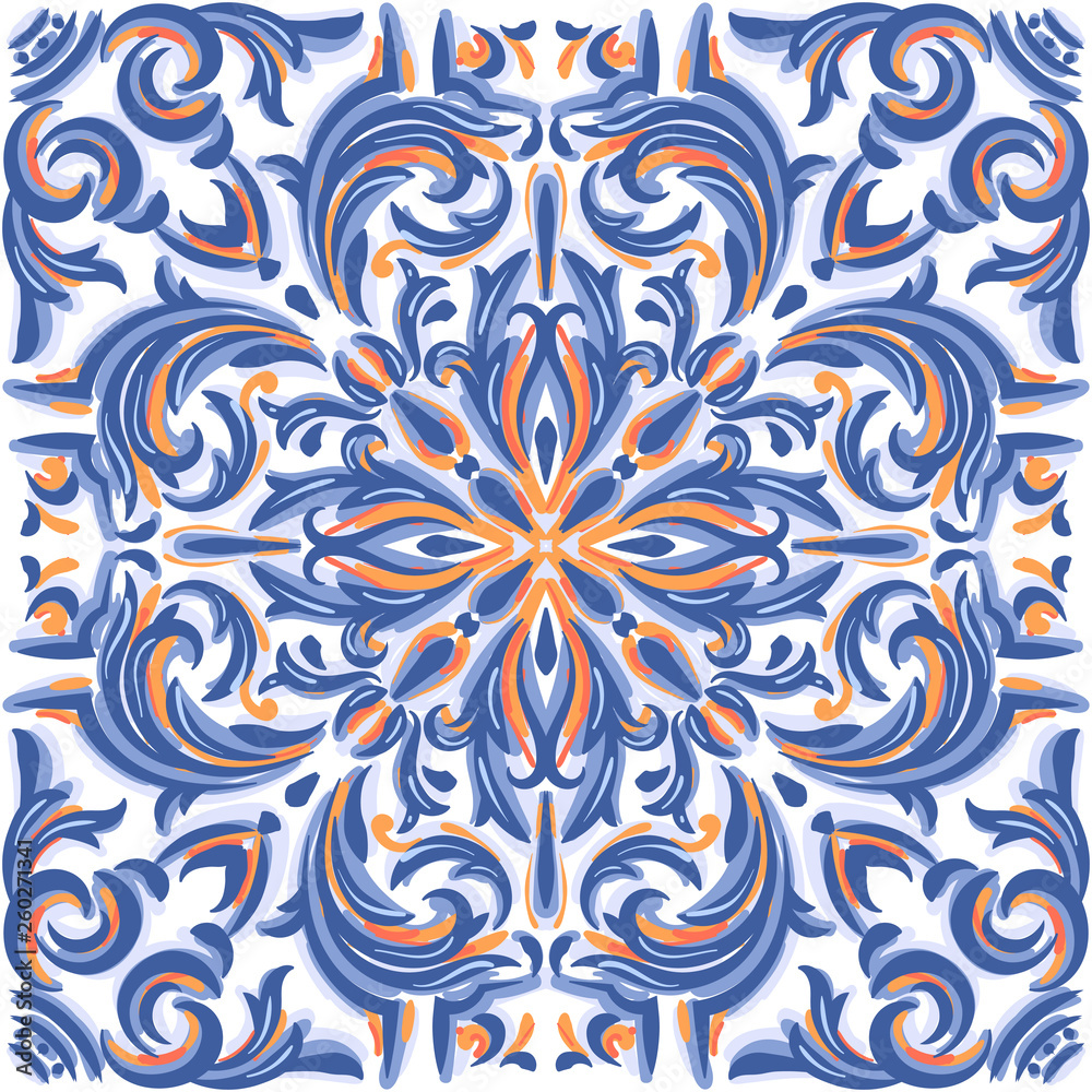 Azulejos - Portuguese Dutch and oriental tile in shades of blue and yellow colors pattern. Baroque Vector mosaic. Rococo ornament Azulejos - Portuguese Dutch and oriental tile in shades of blue and yellow colors pattern. Baroque Vector mosaic. Rococo ornament