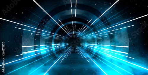 Abstract tunnel, corridor with rays of light and new highlights. Abstract blue background, neon. Scene with rays and lines, Round arch, light in motion, night view. photo