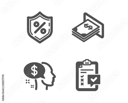 Set of Atm money, Loan percent and Pay icons. Checklist sign. Dollar currency, Protection shield, Beggar. Survey.  Classic design atm money icon. Flat design. Vector