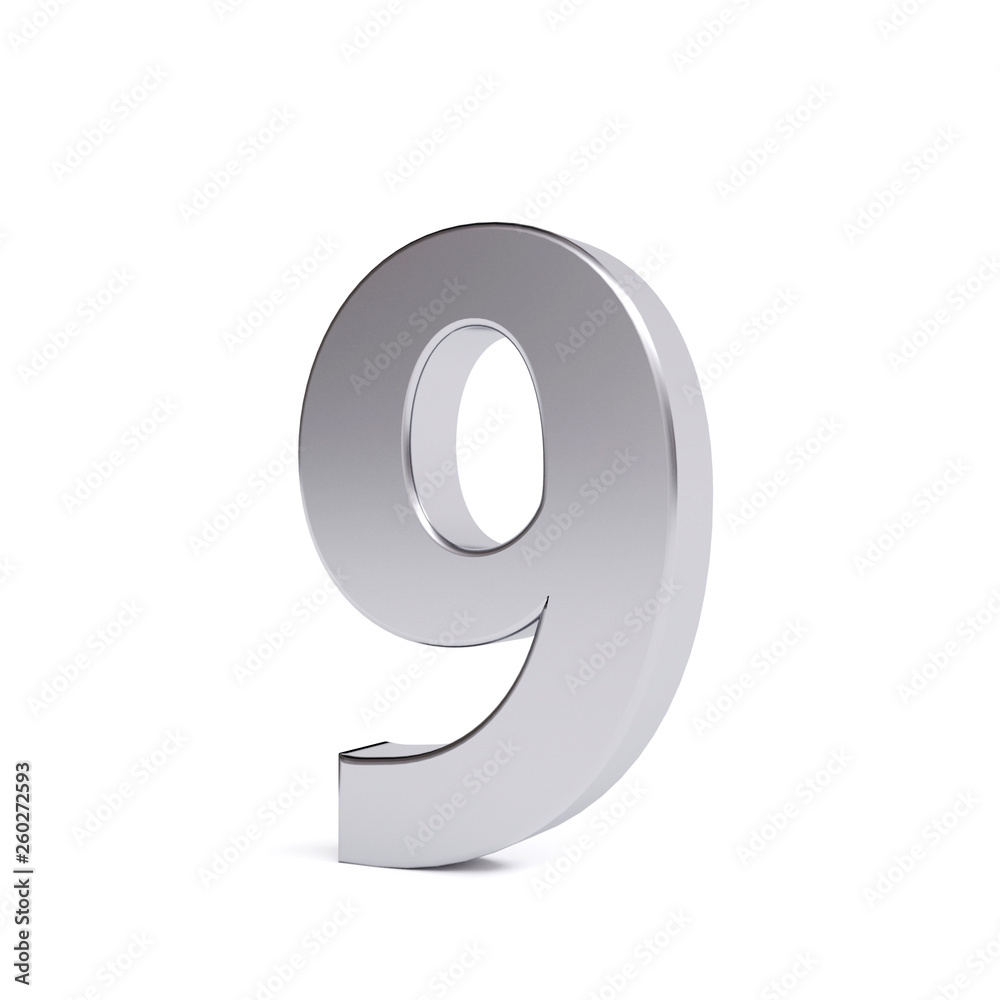 Metal number 9, isolated on white. Collection. 3d image Metal number 9, isolated on white. Collection. 3d image