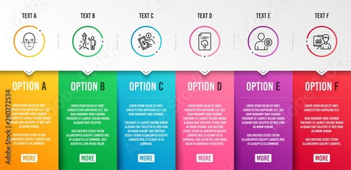Payment method, Fireworks and Face recognition icons simple set. User idea, Thumb down and Presentation signs. Give money, Party pyrotechnic. People set. Infographic template. 6 steps timeline