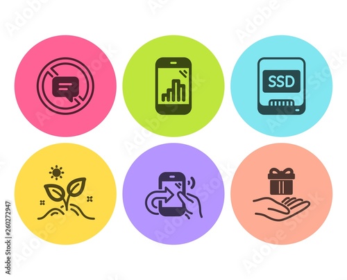 Ssd, Share call and Grow plant icons simple set. Stop talking, Graph phone and Loyalty program signs. Memory disk, Phone support. Business set. Flat ssd icon. Circle button. Vector