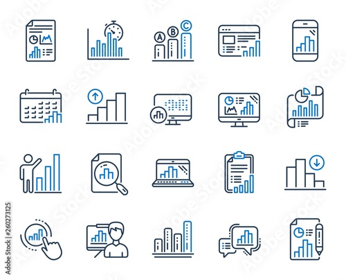 Graph line icons. Set of Chart presentation, Report, Increase growth graph icons. Analytics testing, Falling demand, Pie chart report. Calendar statistics, Stats. Ab testing, Increase sales. Vector