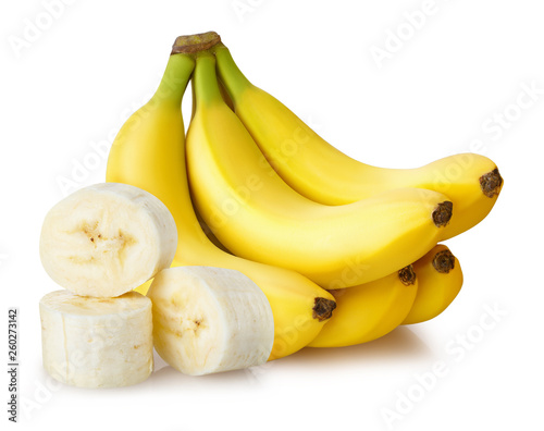 sliced five bananas isolated white background with clipping path and shadow