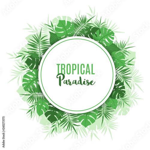 Floral frame with exotic tropical green leaves.