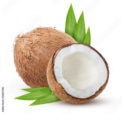 half coconut and leaves isolated on white background with clipping path shadow