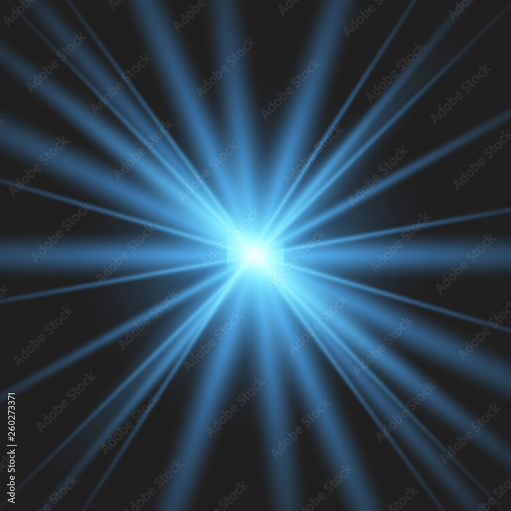 Blue glowing light burst explosion.