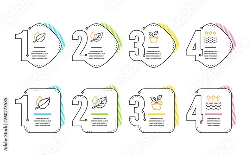 Mint leaves, Leaves and Leaf dew icons simple set. Evaporation sign. Mentha herbal, Grow plant, Water drop. Global warming. Nature set. Infographic timeline. Line mint leaves icon. 4 options or steps