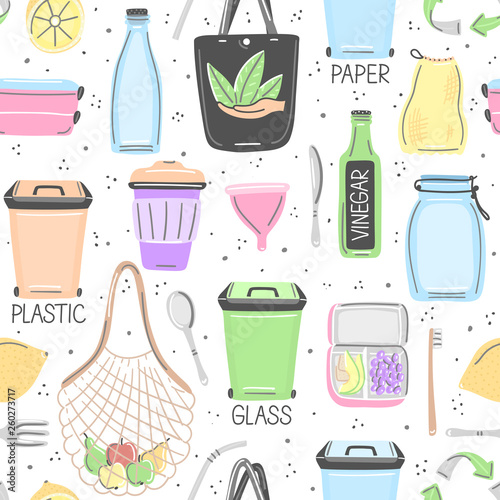 Vector seamless pattern with hand drawn zero waste objects. Eco lifestyle. Care of nature. Save planet. Go green. Repeating background. Wallpaper, textile, wrapping paper, package, header. Eps10