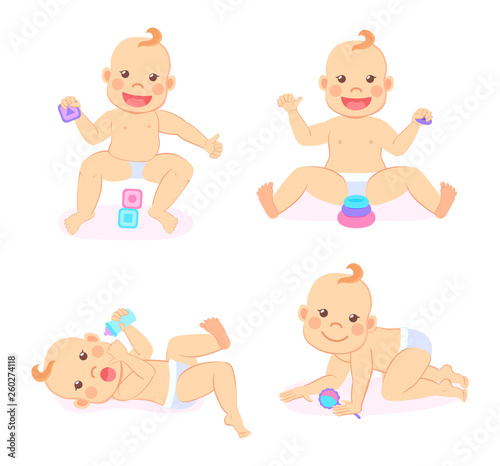 Child activity vector, set of isolated kid playing with toys for cognitive abilities development. Cute baby wearing diaper and holding bottle with meal