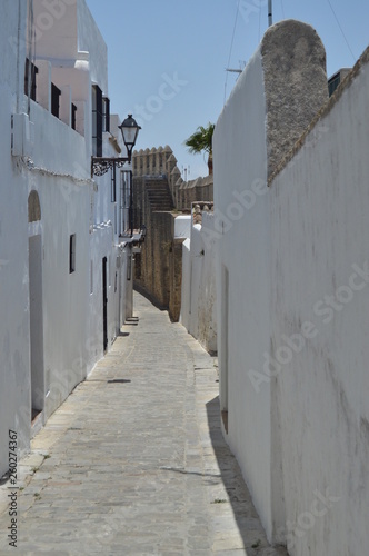 Narrow White And Walled Streets In The Medieval Village In Vejer. Nature, Architecture, History, Street Photography. July 12, 2014. Vejer De La Frontera, Cadiz, Spain