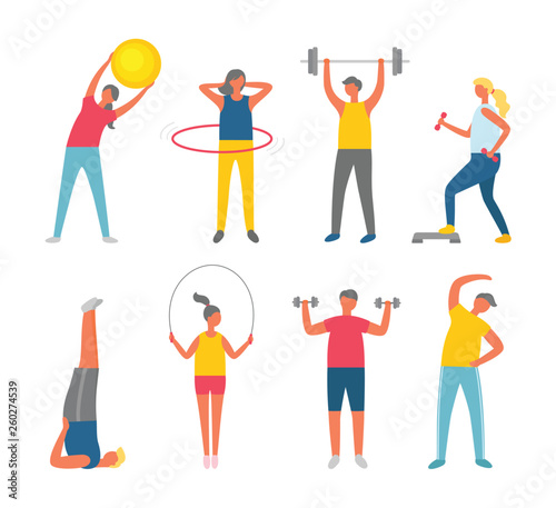 Sporty people set isolated on white, man and woman in sportwear exercising. Ball and dumbbell, hula hoop, skipping rope, stretching or yoga vector