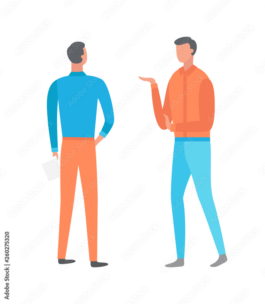 Full length of standing people, portrait and back view, men wearing blue and orange clothes. Posing guy with hand up, flat style of humans vector