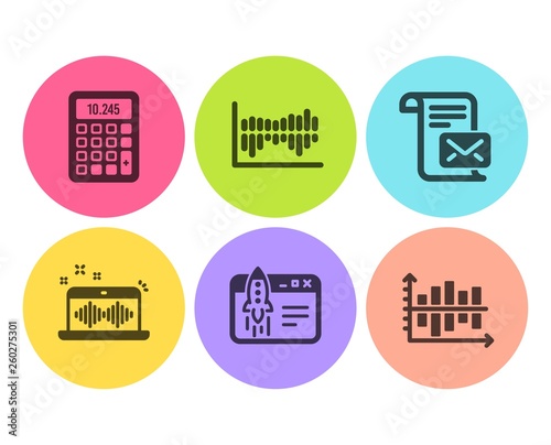 Music making, Mail letter and Start business icons simple set. Calculator, Column diagram and Diagram chart signs. Dj app, Read e-mail. Education set. Flat music making icon. Circle button. Vector