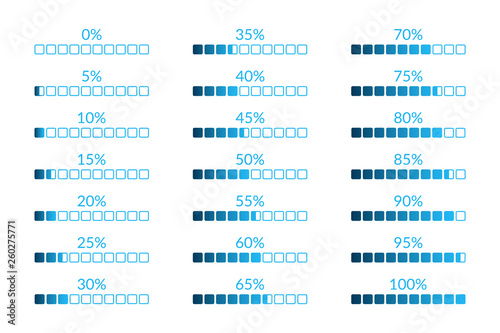 Percentage vector infographic icons isolated. 5 10 15 20 25 30 35 40 45 50 55 60 65 70 75 80 85 90 95 100 0 percent square charts set for business, finance, web, design, download, progress, template
