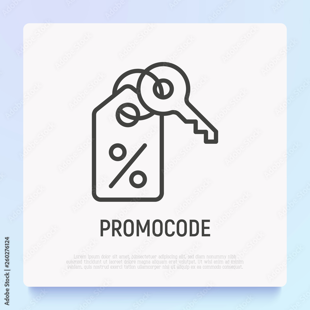 Promo code thin line icon: percent sign on label with key. Modern vector illustration for discount. Promo code thin line icon: percent sign on label with key. Modern vector illustration for discount.