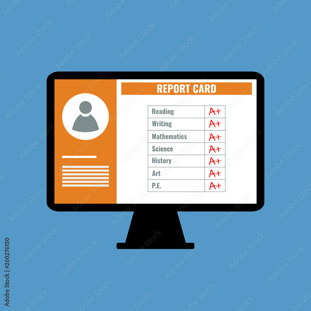 online school report card with A plus grades, flat design vector illustration online school report card with A plus grades, flat design vector illustration
