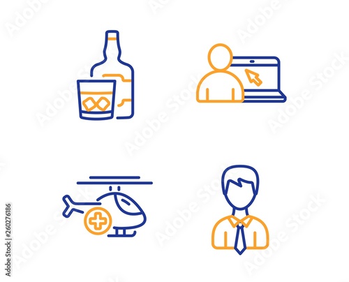 Online education, Medical helicopter and Whiskey glass icons simple set. Businessman sign. Internet lectures, Sky transport, Scotch drink. User data. Linear online education icon. Colorful design set