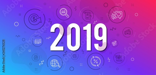 Infographic concept. Call center, Report and Car leasing icons simple set. Data analysis, Dollar exchange and Heart signs. Travel loan, Loan percent and Credit card symbols. 2019 year. Vector