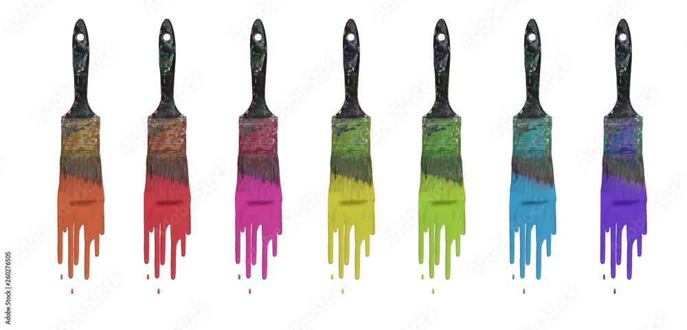 Collection of paintbrushes icons with color drop isolated