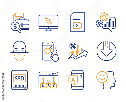 Cogwheel, Ab testing and Internet icons simple set. Download arrow, Video file and Loan percent signs. Survey results, Ssd and Heart rating symbols. Line cogwheel icon. Colorful set. Editable stroke