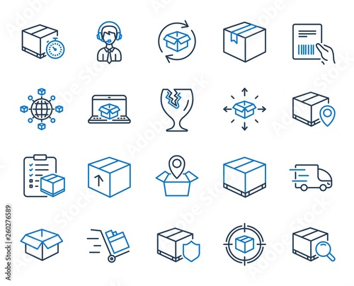 Logistics, Shipping document line icons. Set of Truck Delivery, Box and Checklist icons. Parcel tracking shipping, World trade logistics. Location pin, Goods parcel insurance and document. Vector